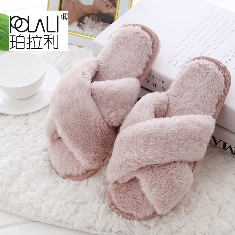 Faux-Fur Plush Crossband Slippers