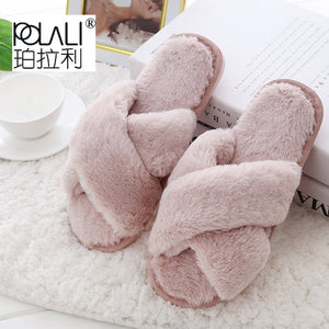 Faux-Fur Plush Crossband Slippers