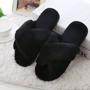 Faux-Fur Plush Crossband Slippers