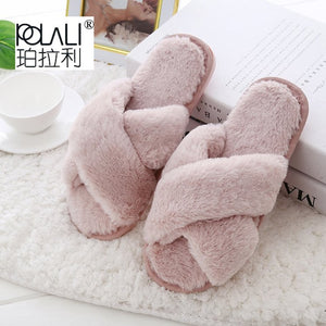 Faux-Fur Plush Crossband Slippers