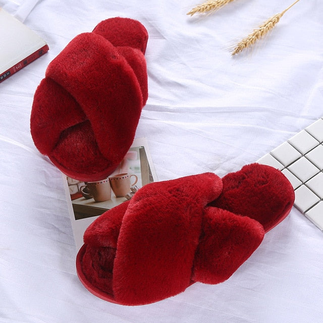 Faux-Fur Plush Crossband Slippers