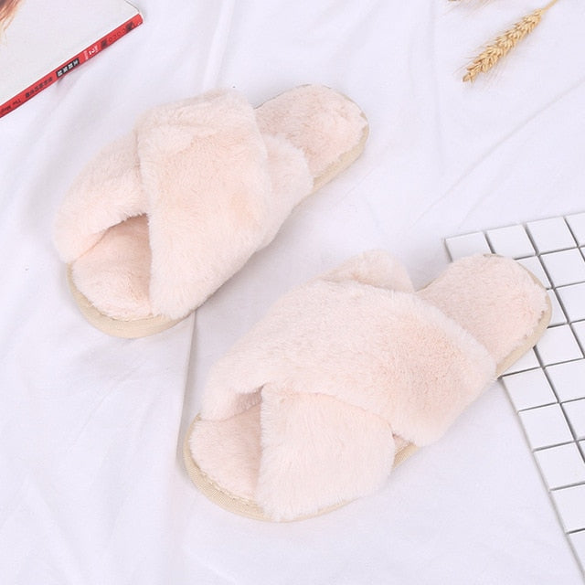 Faux-Fur Plush Crossband Slippers