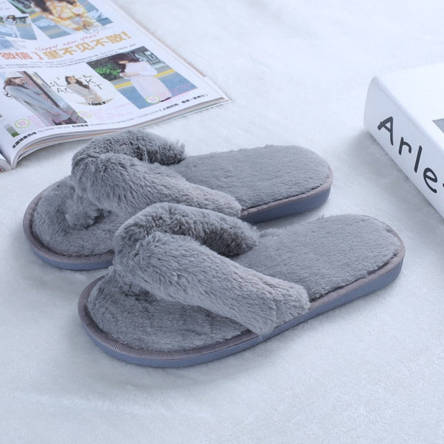 Faux-Fur Plush Crossband Slippers