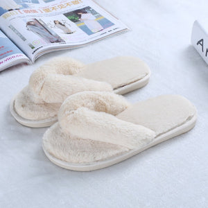 Faux-Fur Plush Crossband Slippers