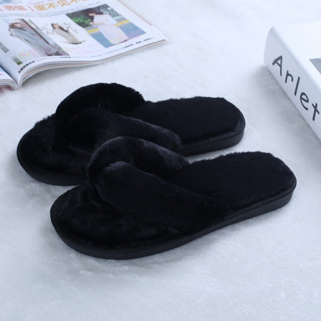 Faux-Fur Plush Crossband Slippers