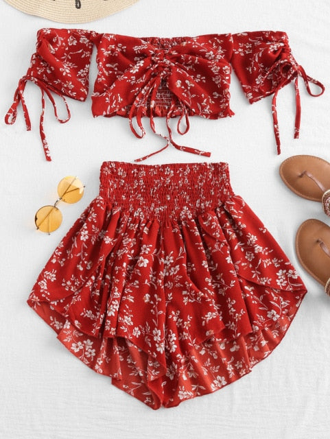 Off-Shoulder Cinched Floral Set